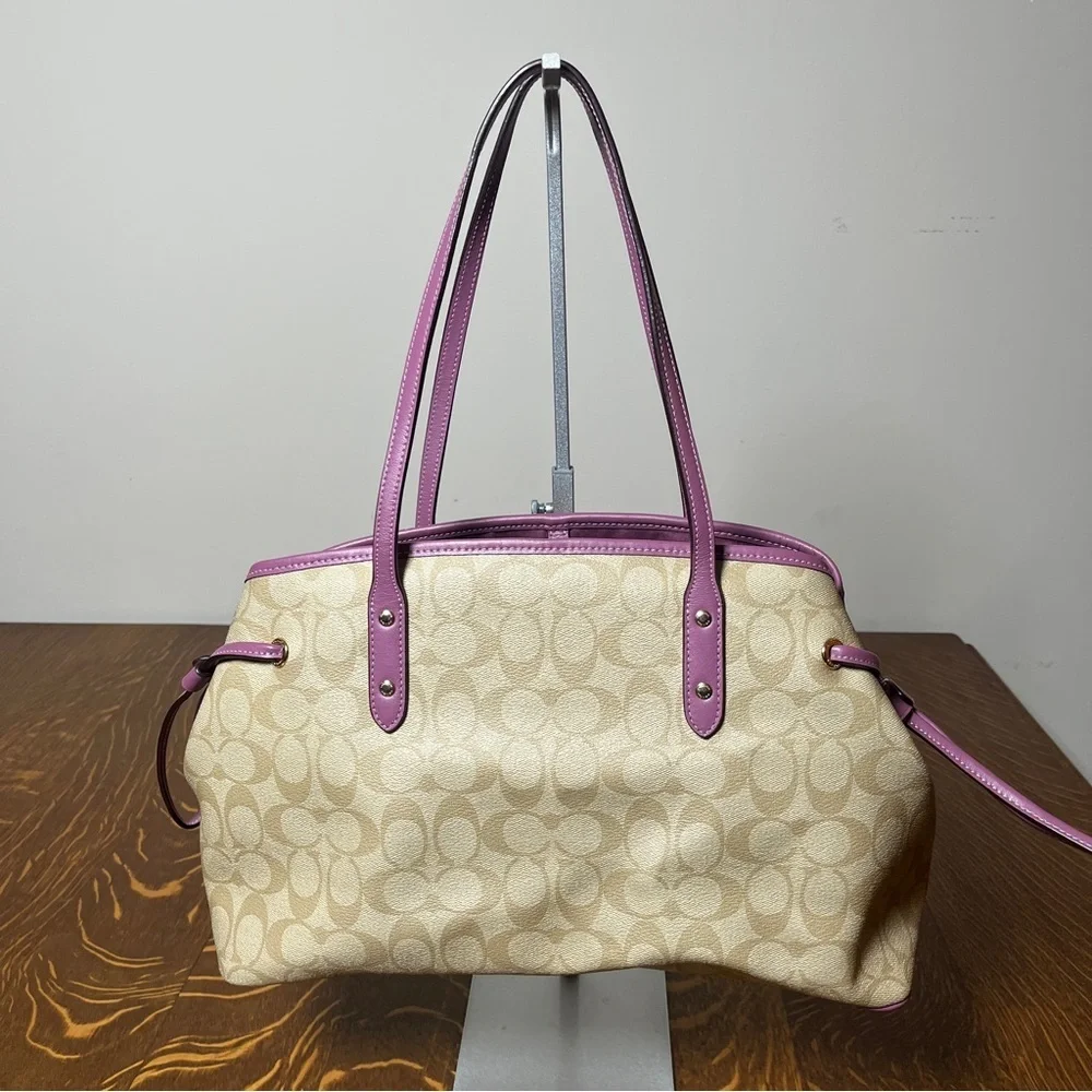 Coach Beige Signature C Coated Canvas With Purple Leather Drawstrings Carryall